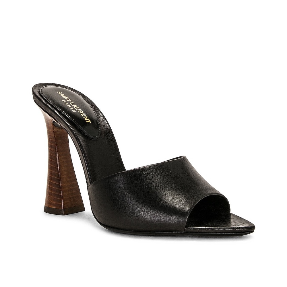 Saint Laurent Black Leather Open-Toe Mule with Sculpted Brown Heel